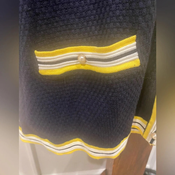 Talbots Women's Navy Yellow Trim Pearl Button Stretch Career Cardigan Sweater XL - Picture 6 of 14